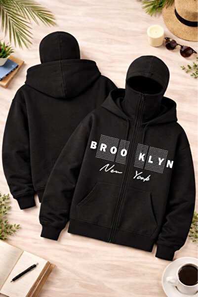 Pink Sky Unisex Brooklyn New York Printed Zippered Hooded Sweatshirt
