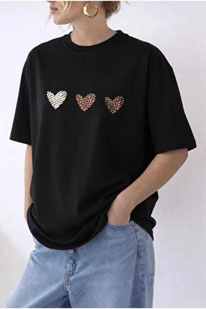 FUFLUNS Leopard Print Hearts Printed Oversize Unisex Women's Circular Neck T-...