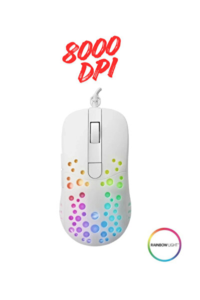 Hietech Kablolu Oyuncu Mouse Beyaz Rainbow Aydınlatmalı RGB 8000dpı Işıklı Ga...
