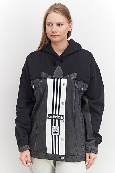 adidas جاكيت جينز أسود بأكمام طويلة بغطاء رأس ، مناسب للرياضة النسائية