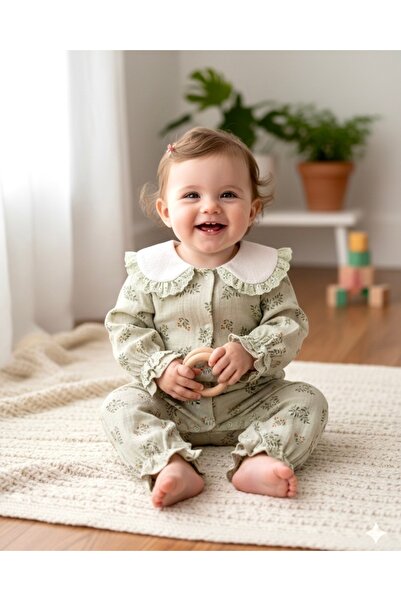 BEREN Kız Bebek Vintage Tarz Bebek %100 Pamuklu Müslin Tulum - Fisto Yakalı