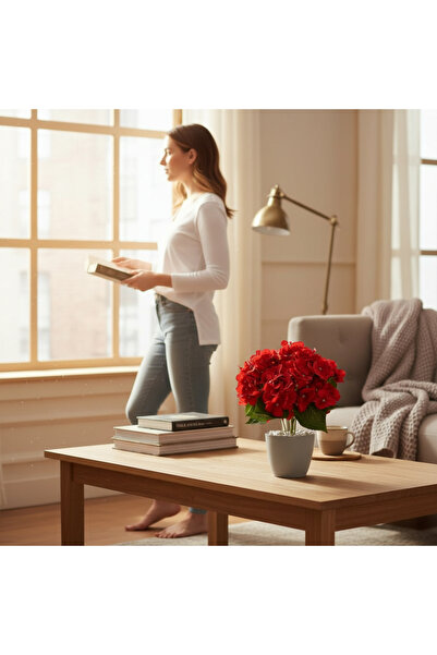 ERHAN FLOWERS beyaz plastik Vazoda Yapay Ortanca Aranjmanı - 45 cm kırmızı or...