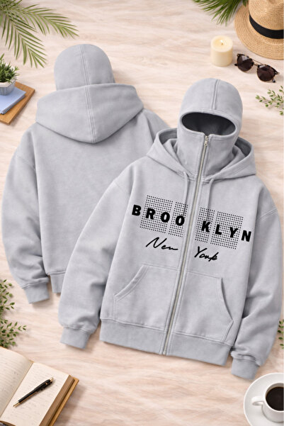 Pink Sky Unisex Brooklyn New York Printed Zippered Hooded Sweatshirt