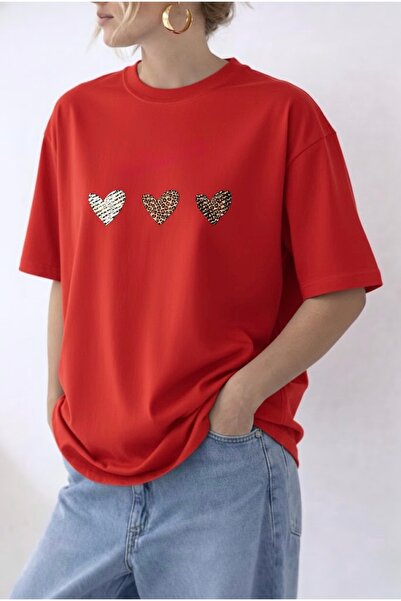 FUFLUNS Leopard Print Hearts Printed Oversize Unisex Women's Circular Neck T-...