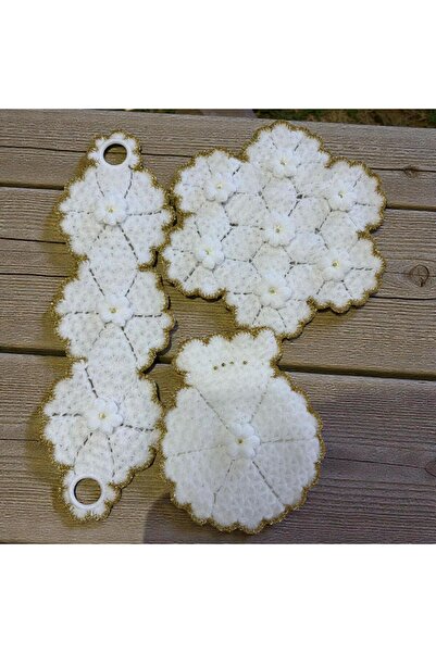 TUTUYA TEXTIL El Örgüsü 3 lü Sarı Simli Lif Seti Çeyizlik Lif Takımı