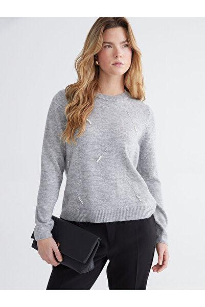 LC Waikiki Pulover de tricotat pentru femei Grey guler rotund Pearl brodat de...