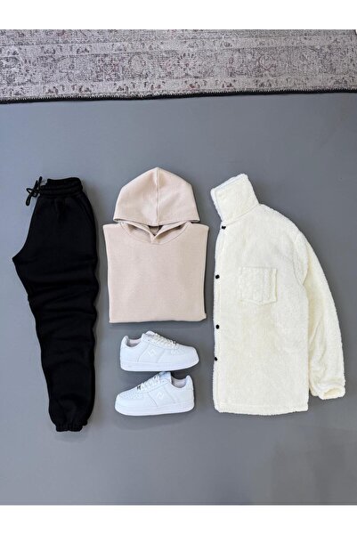 Combineman35 Moda Unisex 3 Yarn Sha Fleece-Lined Black Sweatshirt Cream Sweat...