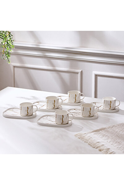 Malooki Set of 6 cups with 6 saucers, uneven plate, porcelain, 220 ml - Marbl...