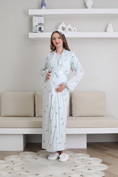 ERDENİZ TEKSTİL Şık Hamile & Lohusa Uzun Gecelik Sabahlık Takımı-Düğme Detayl...
