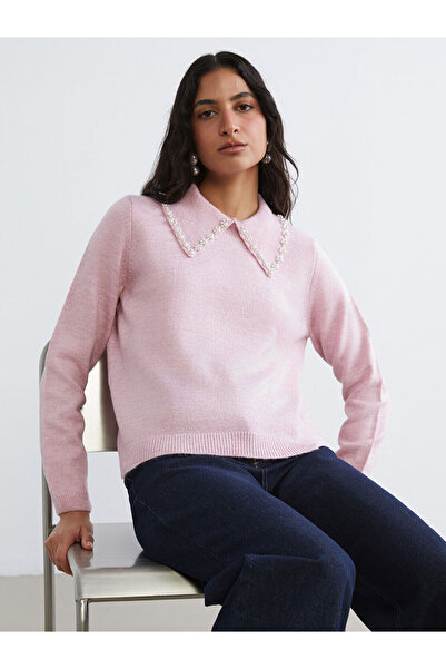 LC Waikiki PATENTH'DEN Pembe Bebe Yaka Boncuk İşlemeli Kadın Triko Kazak