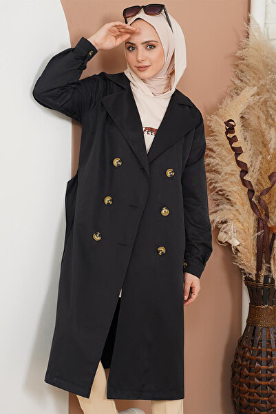 Modamorfo T5853 Double-Breasted Collar Hijab Trench Coat - Black