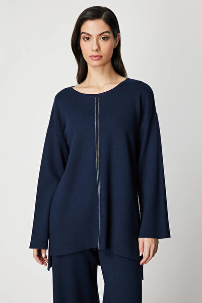 ON TRİKO Pulover lung din tricot cu broderie cu pietre în față 63320