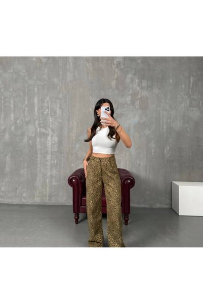 MODA بنطلون جاباردين نسائي بنقشة الفهد