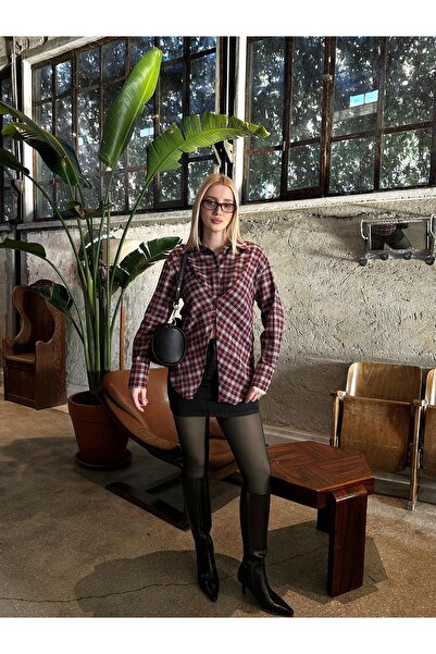 FİOXCO Women's Burgundy Plaid Design Asymmetrical Shirt