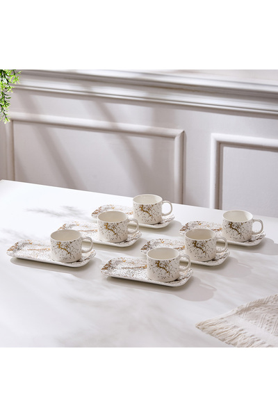 Malooki Set of 6 cups with 6 saucers, rectangular plate, porcelain, 180 ml - ...