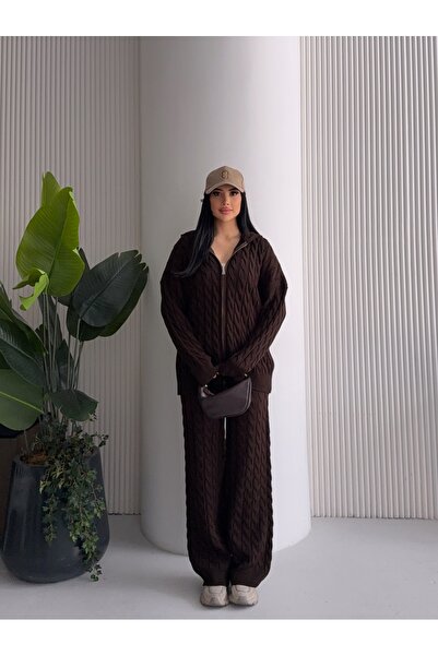 MODA طقم تريكو نسائي مكون من بغطاء رأس قطع بسحاب للشعر