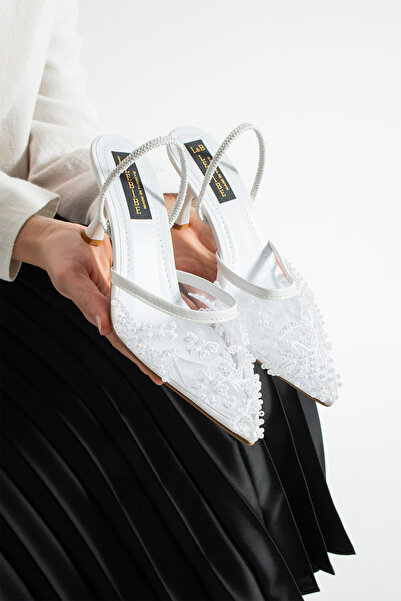 Lebibe Shoes Meggie Women's White Pointed Toe 7cm Heels Pearl Embroidered on ...