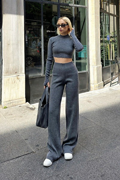 Swist Grey Half Fisherman Knit Crop Sweater Trousers Knitwear Bottom-Top Set