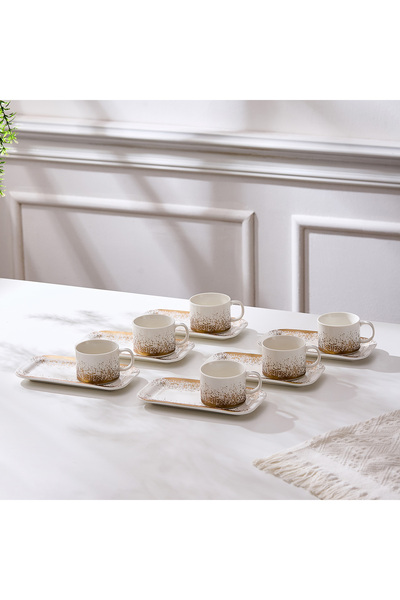 Malooki Set of 6 cups with 6 saucers, rectangular plate, porcelain, 180 ml - ...