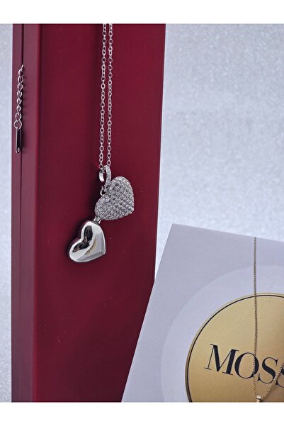 Mosso Steel قلادة فضية اللون من الفولاذ مع حجر الزركون على شكل قلب مع غطاء قا...