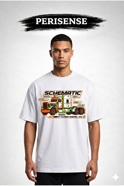 PERISENSE Unisex Truck Blueprint Printed Premium Combed Cotton Oversized T-Shirt