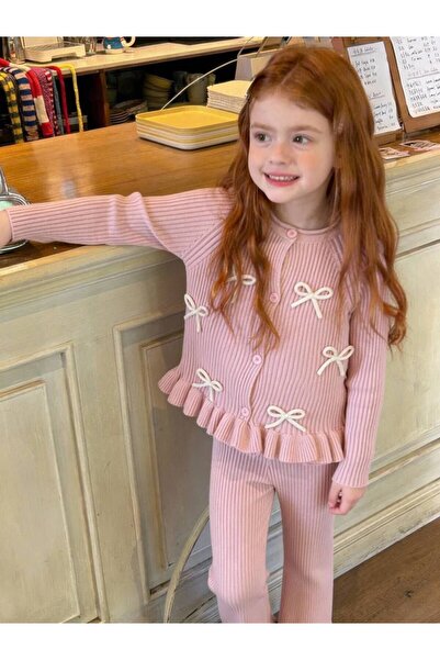 sobekidstore Girls' Ribbon Detailed Knitwear Set, Top and Bottom, Cotton Set,...