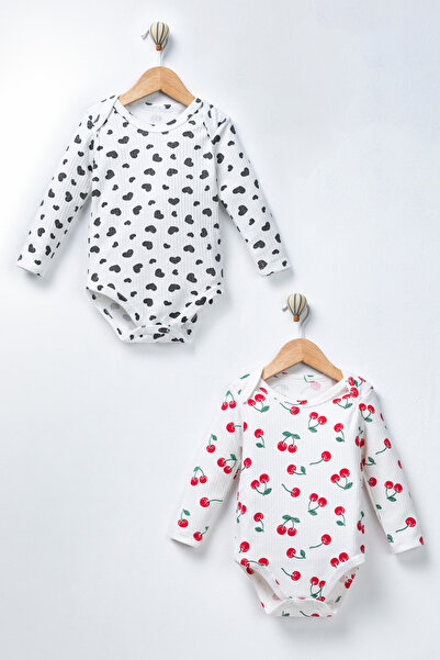 TİNY GOLDEN 100% Cotton Long Sleeve Snap Fastener 2-Piece Cherry and Heart Pa...