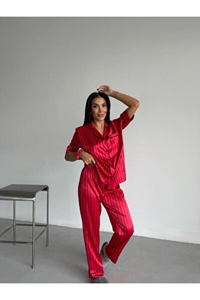Loraofsilk KIRMIZI ÇİZGİLİ İPEK SATEN PİJAMA TAKII