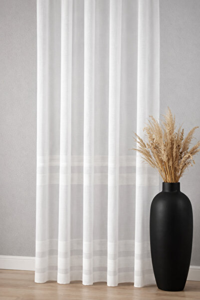 Ran Perde Şerit Desenli Ütü İstemeyen Keten Düz Tül Perde- Ekru - Pileli Diki...