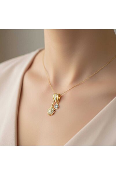 Ralp Moda Gold Women's Necklace with Sun Figured Evil Eye Stone |   Lucky and...