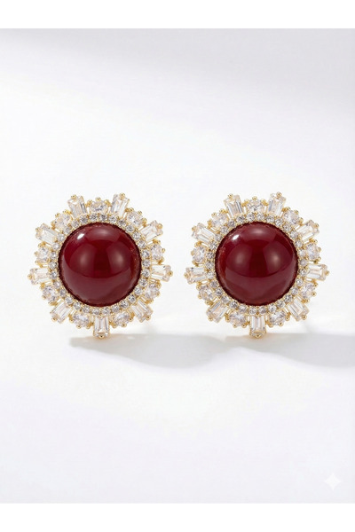 Snartun Burgundy Stone Detailed Sparkling Gold Women's Earrings |   Silver Ne...