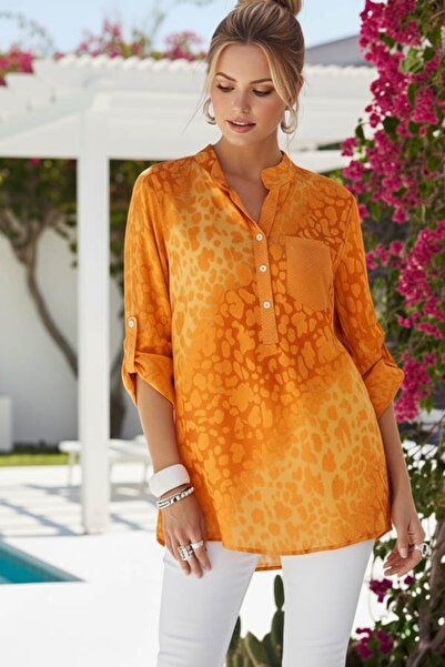 Chiccy Italian Orange Judge Collar Buttoned 3/4 Sleeve Patterned Sequin Pocke...
