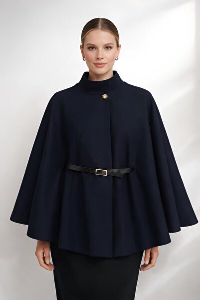 Teodora Demaria Lacivert ( Kadın ) Oversize Kemerli Premium Kaşe Panço