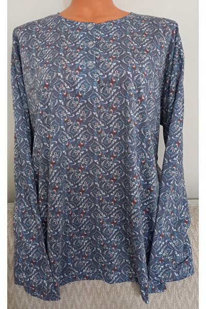 Anne Er Clothing Paper Print Combed Cotton Blouse Long Sleeve 3 Button Crew N...