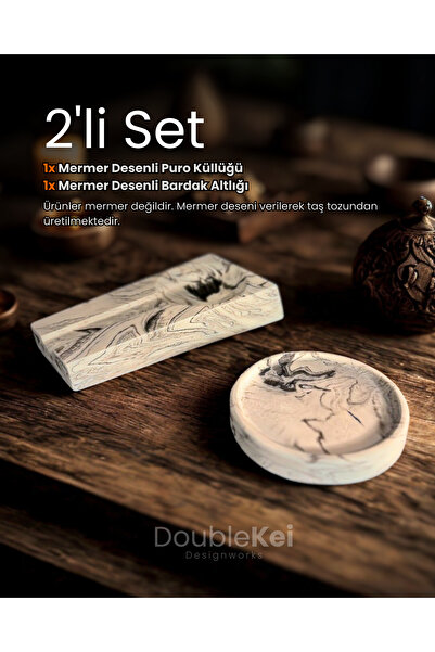 DoubleKei Designworks 2'li Set Mermer Desenli Puro Küllüğü ve Bardak Altlığı ...