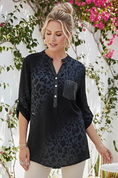 Chiccy Ιταλική μαύρη μπλούζα με γιακά δικαστή με κουμπιά, μανίκια 3/4, με σχέ...