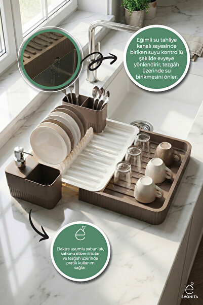 EVONİTA Sürgülü Alt Hazneli Bulaşık Kurutmalık – Su Tahliyeli Tabak Bardak Or...