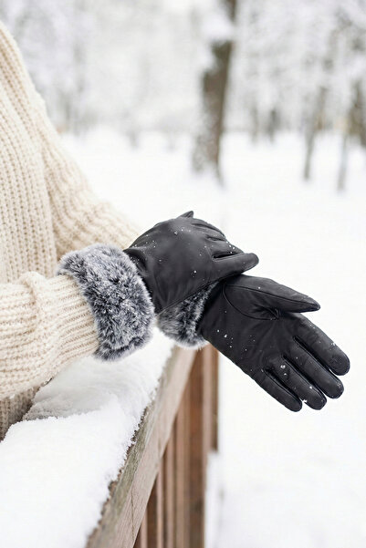 Kapin Gray Fur Cuffed Black Leather Touchscreen Gloves