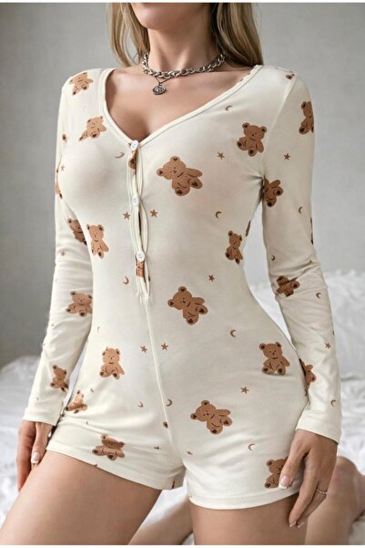 VELORACOO Ayıcık Desenli Ön Düğmeli Uzun Kollu Kadın Tulum Pijama