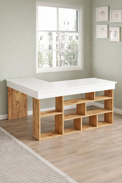 midyatavm L Tipi Çok Amaçlı Çalışma Masası – Kitaplıklı & Depolama Alanlı