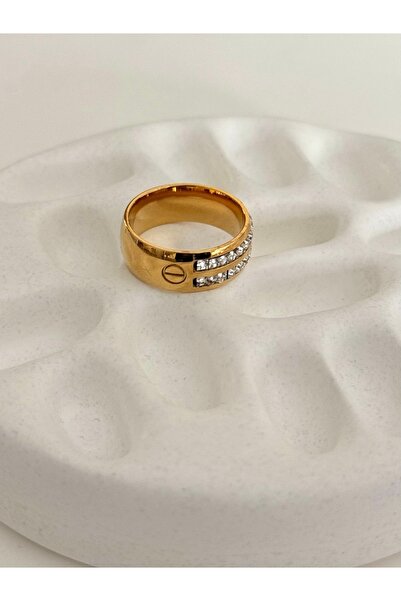 FIERA JEWELRY Zircon Stone Detailed Gold Steel Women's Ring 7No