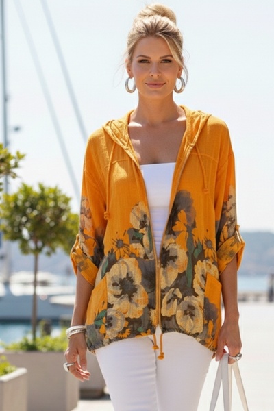 Chiccy Italian Orange Buttoned Long Sleeve Pocketed K Hooded Zippered B Print...