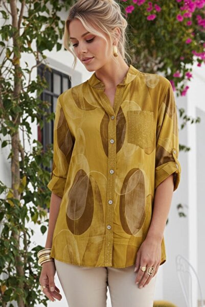 Chiccy بلوزة فيسكوز كاجوال إيطالية بلون الخردل مع ياقة وأزرار وأكمام 3/4 ونقش...