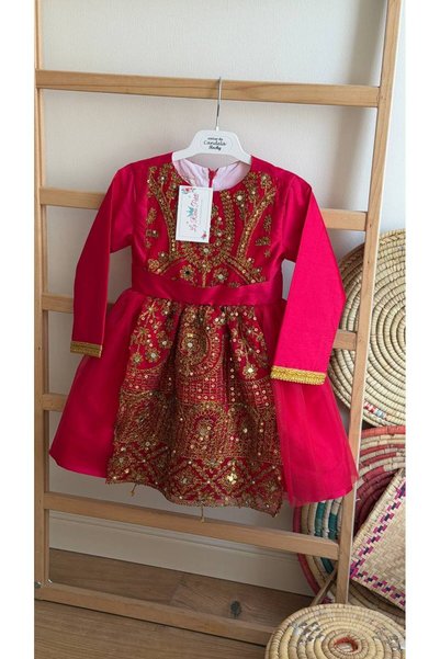 La reina petite Popular fuchsia dress with gold embroidery by Larina Petite