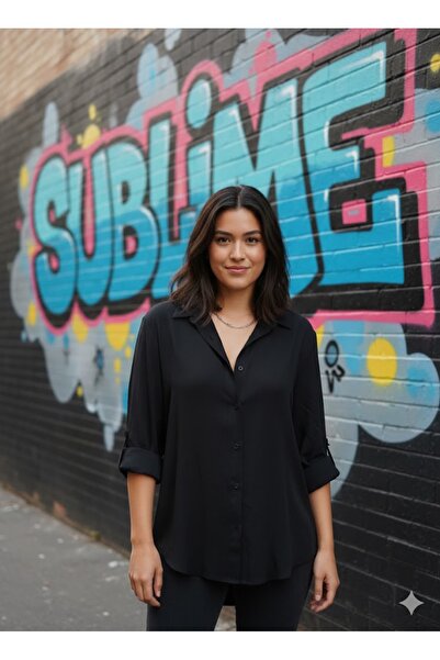 Sublime Butik Kadın Siyah Keten Mat Gömlek Yumuşak Dokulu ve Cepsiz