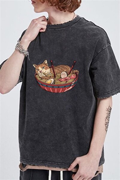 Le Savu Washable Cat in Cube Printed Unisex Oversized Vintage T-Shirt