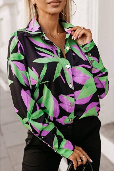 Kanonik Education Women's Long Sleeve Metal Button Detail Flower Printed Moss...