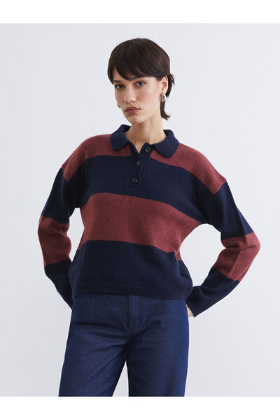 LC Waikiki Pulover de tricotat pentru femei, cu guler polo, cu dungi, de sezo...