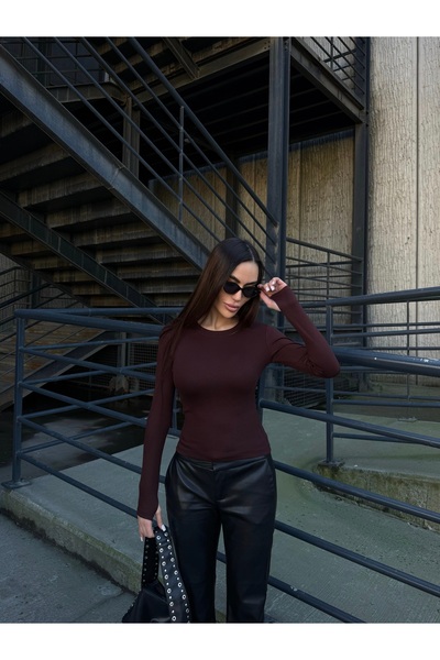 LB Laluna Butik Women's Bitter Brown Finger Detailed Crew Neck Bodysuit