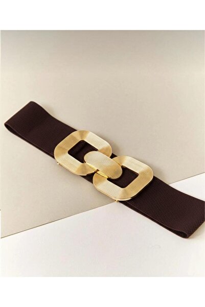Mynoa Brown/Gold Buckle Elastic Women's Belt, Jacket Belt, Dress Belt.